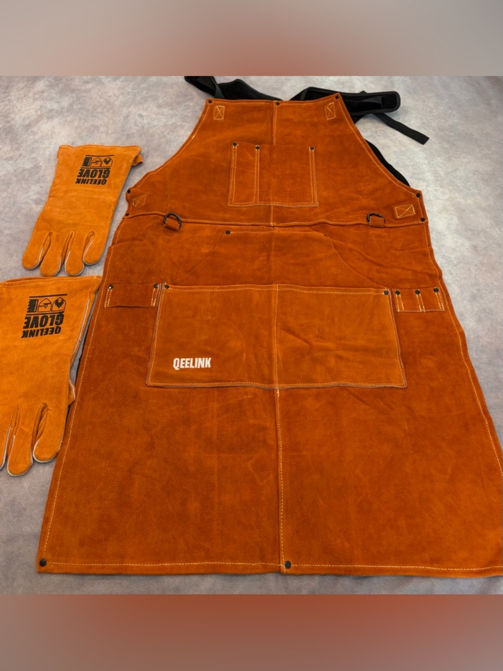 Qeelink Orange Leather Work Apron with Matching Glove